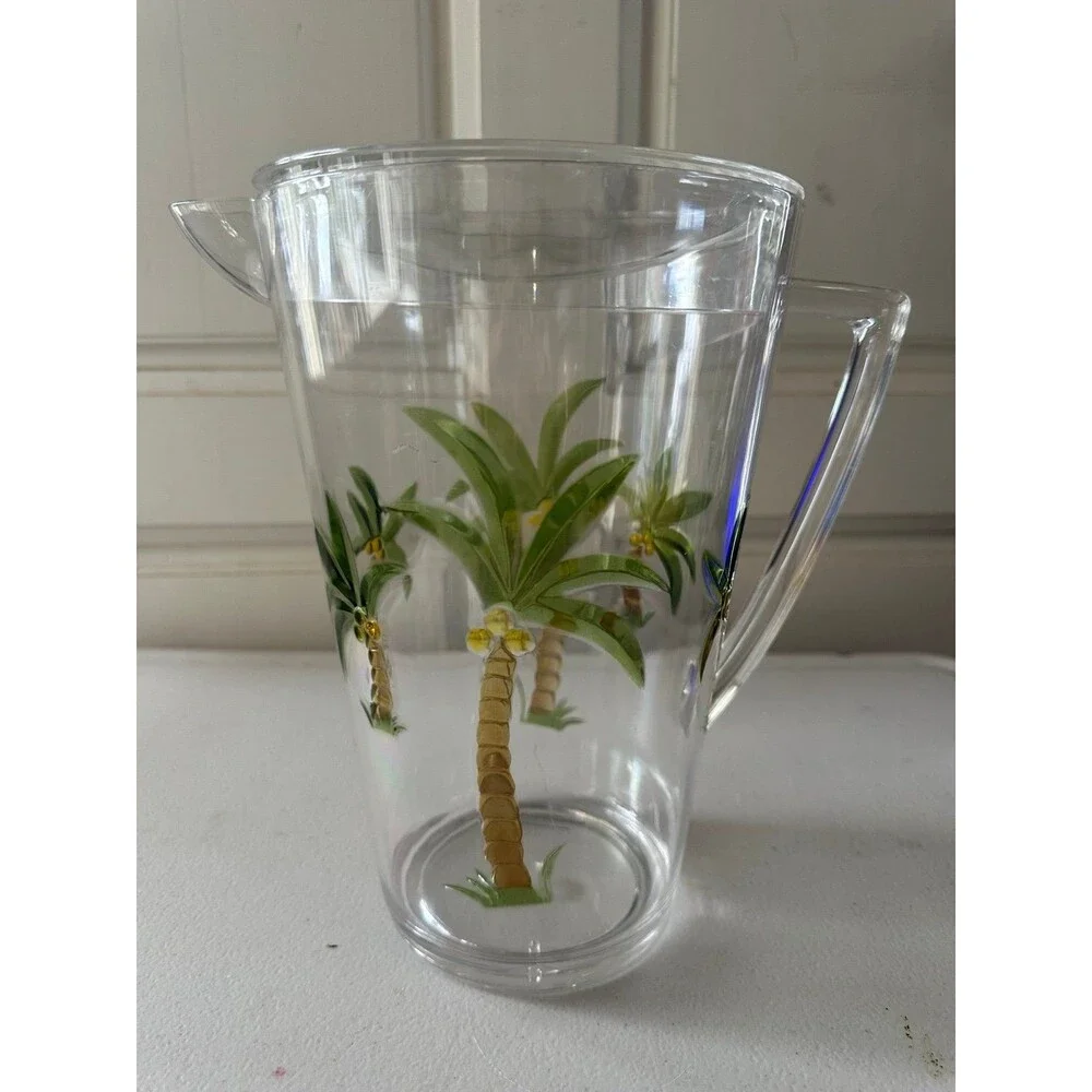 Indoor Outdoor Clear Acrylic Tropical Palm Tree Embossed Pitcher Nesting Lid